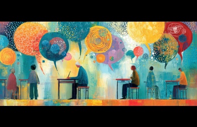 dessin poétique où des gens écrivent à une table