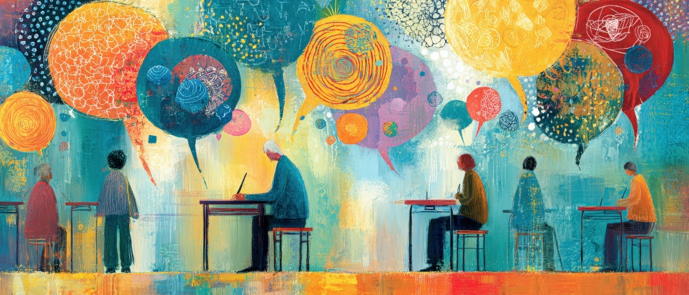 dessin poétique où des gens écrivent à une table