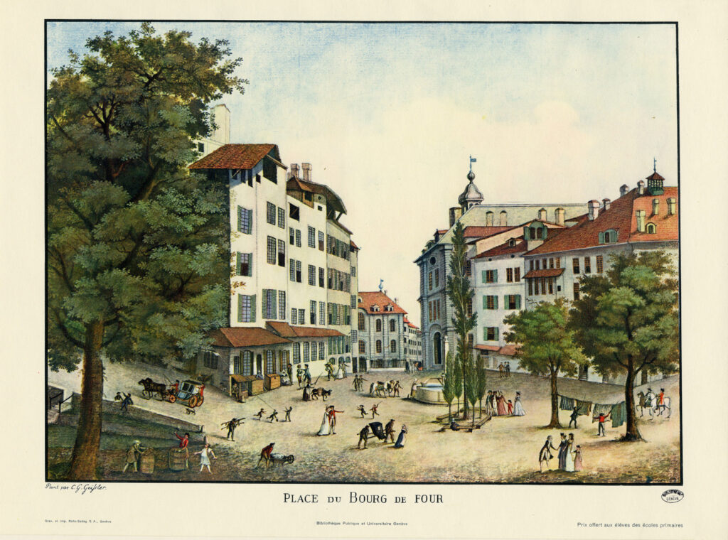 Vue historique de la place du Bourg-de-Four illustrant l’histoire de l’action sociale à Genève